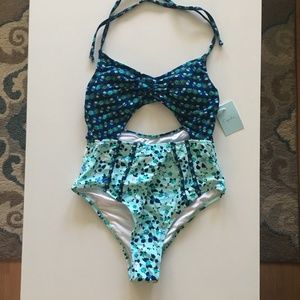 NWT Cupshe Navy/Aqua Floral One-Piece Halter
